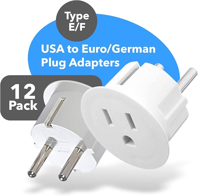 OREI American USA To European plug adapter – Type E/F schuko plug adapter - Use in Germany, France, & more - CE Certified – For Mobile, Laptop & Camera Chargers - 12 Pack