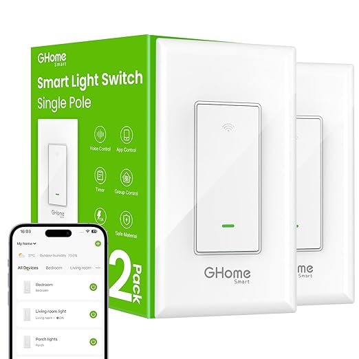 GHome Smart Switches for Lights, WiFi Smart Light Switch Works with Alexa and Google Home, Single-Pole, Neutral Wire Required, 2.4Ghz WiFi Light Switch with APP Control, No Hub Required, UL FCC Listed