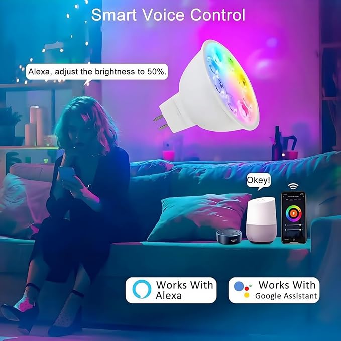 Smart MR16 GU5.3 LED Bulb,GU5.3 Light Bulbs,Dimmable Color Changing Light Bulbs,12Volt Gu5.3 Bi-Pin Base,WiFi & Bluetooth LED Bulbs Work with Alexa,Google Assistant,16Million Colors Syncs with Music.