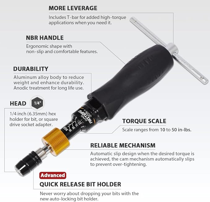 FIRSTINFO H5187 Precision Certified Limited Torque Screwdriver 10-50 in-lbs with 1/4 Inch Universal Hex Bit Holder Quick Release Design and Extra T-Handle