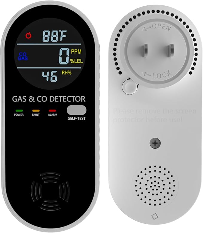Natural Gas Detectors &Plug in Carbon Monoxide Detector， 4 in 1 Co and Gas Detector Temp Humidity Monitor，Propane, LPG, Gas Detector for Home，Kitchen,Hotels，RV.（2 Pack）