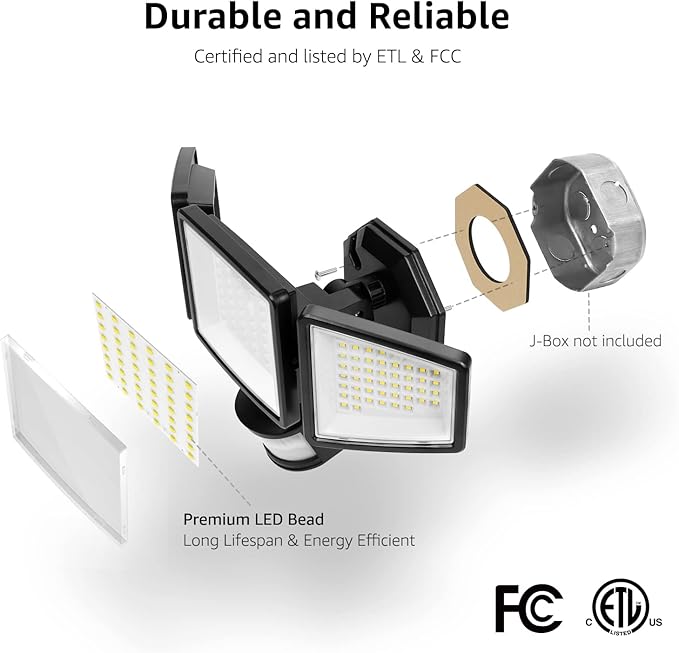 Lepro LED Security Lights, Outdoor Motion Sensor Light, Flood Lights with 3 Adjustable Heads, 270° Wide Lighting Angle, 27W 3200LM Super Bright, IP65 Waterproof for Yard Porch Garage, Black