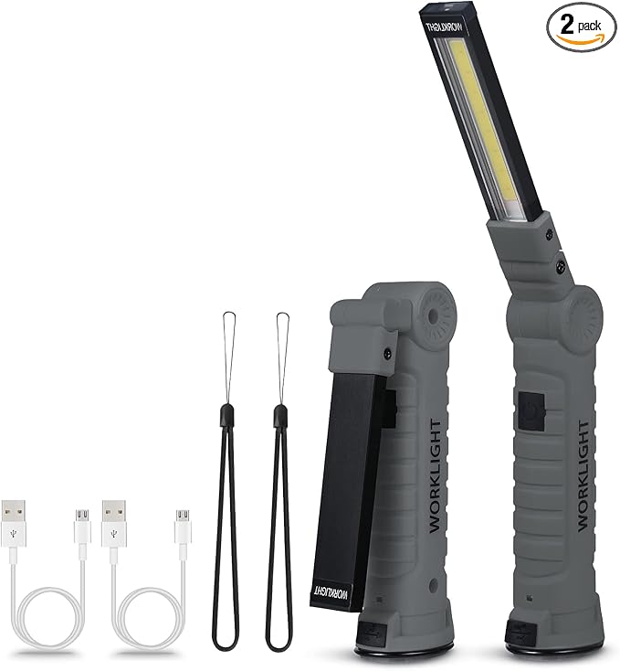 LED Rechargeable Flashlight, Mechanic Tools Trouble Light Cordless Worklight with Magnetic Base 360°Rotate 5 Modes,Portable Inspection Troch for Mens Gift,Automotive,Camping and BBQ(2 Pack)