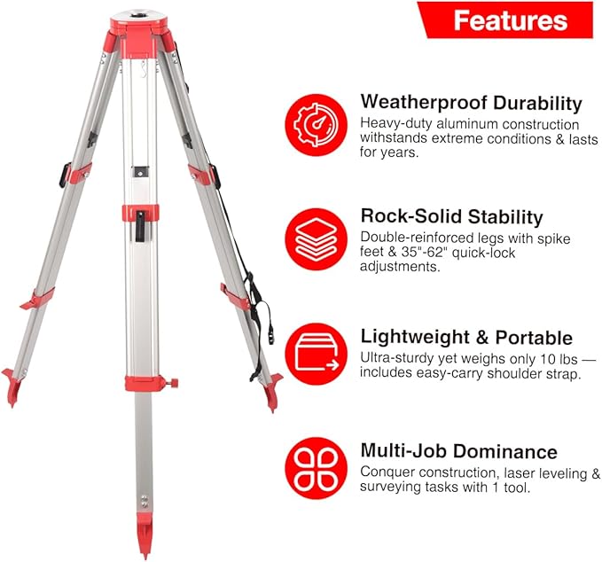 Heavy-Duty Aluminum Surveyor/Transit Tripod with 5/8”x11 Quick Clamp - Universal Leveling Equipment for Construction, Laser, Auto & Surveying