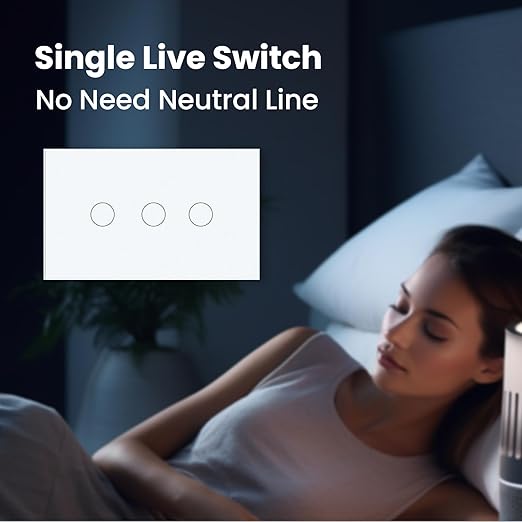 Light Switch No Neutral Wire,Single Live Wire Light Switch No WiFi,Tempered Glass Panel,Total Power Maximum 1000W,FCC Certification,White 3 Gang