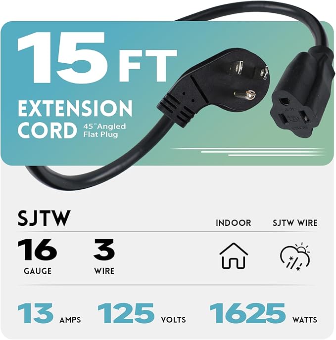 EP 15 Ft Flat Plug Extension Cord, 16 AWG 3 Prong Grounded Black Low Profile Extension Cable for Indoor, UL Listed