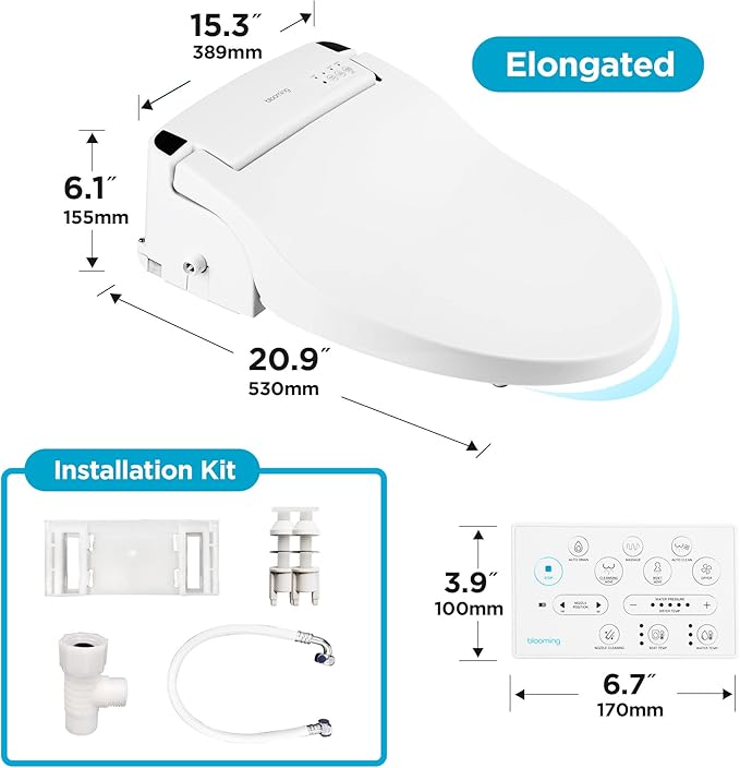 Blooming NB-R1260E Bidet Toilet Seat - Smart Toilet Seat with Stainless Steel Nozzle, Warm Water, Dryer, Heated Seat, Sittable Lid, LED Nightlight - White - Elongated - Attachment with Remote Control