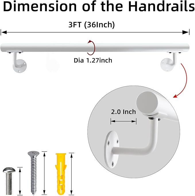 3 FT Heavy Duty Metal Stairs Railing Indoor White, Wall Mount Pipe Stair Handrail - Hand Rails for Indoor & Outdoor Steps, Banister Deck Porch Patio Railing, Wall Grab Bars for Seniors