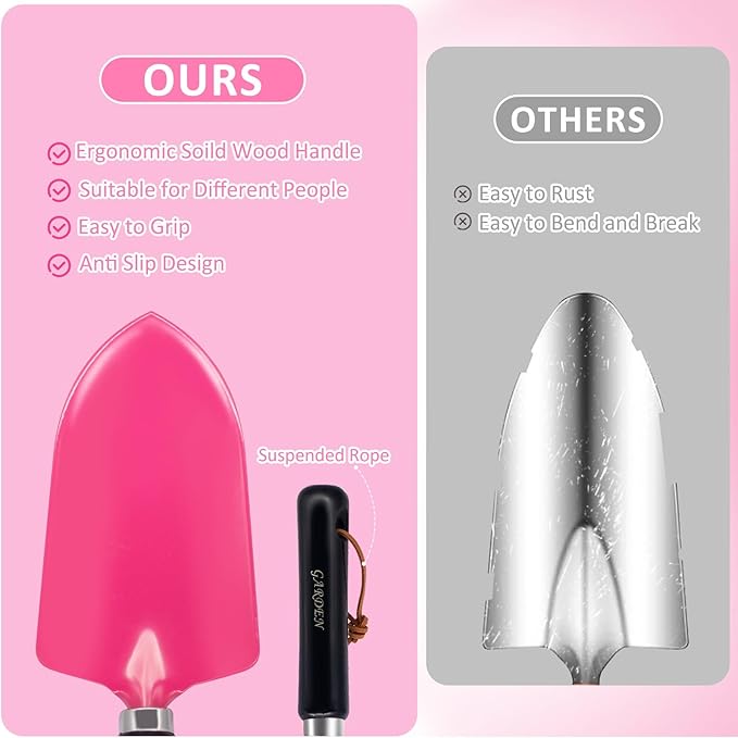 Gardening Tools 9-Piece Heavy Duty Gardening Hand Tools Set (Pink),Stainless Steels and Reinforced Garden Supplies Kit, Durable Garden Tools Organizer Handbag,Ideal Garden Gifts for Women