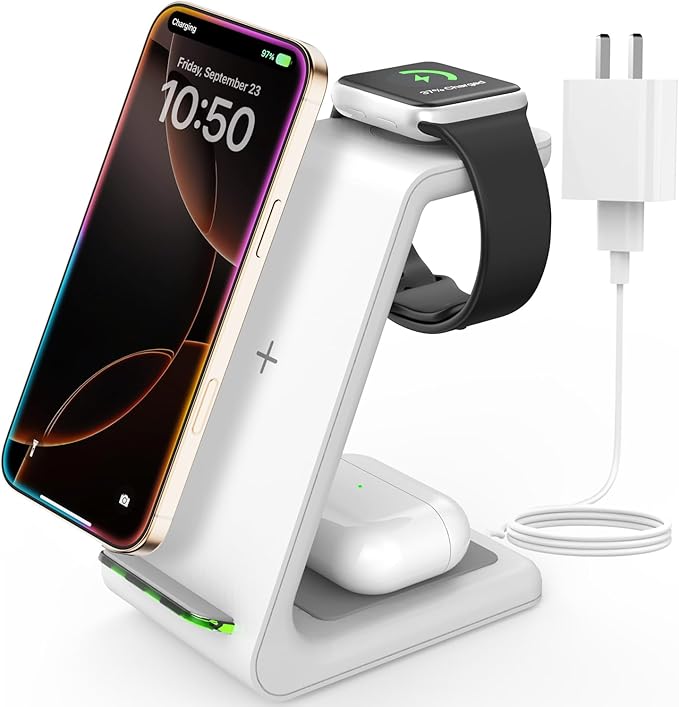 JoyGeek 3 in 1 Wireless Charging Station for Apple, Wireless Charger Stand for iPhone 16/15/14/13/12/11/SE/X/8 Pro Max Plus Mini, Charging Dock for Apple Watch Ultra/8/SE/7/6/5/4/3, AirPods Pro 2/3/2