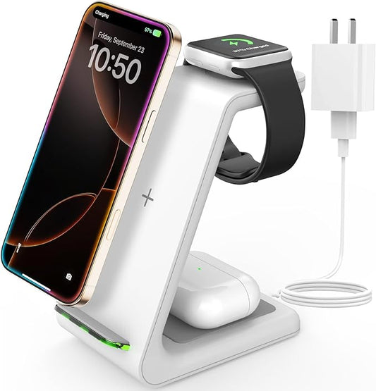 JoyGeek 3 in 1 Wireless Charging Station for Apple, Wireless Charger Stand for iPhone 16/15/14/13/12/11/SE/X/8 Pro Max Plus Mini, Charging Dock for Apple Watch Ultra/8/SE/7/6/5/4/3, AirPods Pro 2/3/2