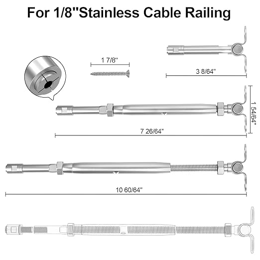 BLIKA Upgraded 10 Pairs 1/8" Swageless Cable Railing Kits, No Need Crimper Tool, T316 Stainless Steel, 180 Degree Adjustable Angle Swageless Surface Mount Turnbuckle for Wood Posts(Level & Stair)