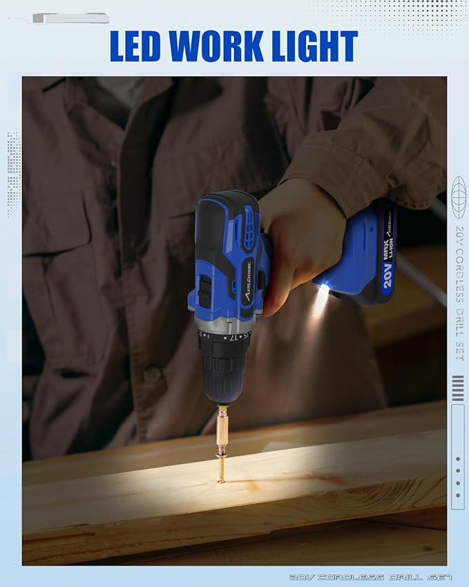 AVID POWER 20V MAX Power Drill Kit, Cordless Drill Set with Battery and Charger, 2 Variable Speed, 3/8-Inch Keyless Chuck, 19 Position and 22pcs Bits - Blue