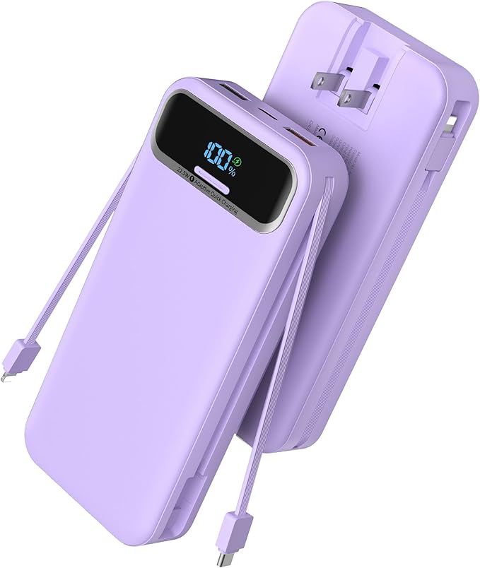 Portable Charger Power Bank with Built in Cables and AC Wall Plug,PD20W&SCP22.5W USB-C Super Fast Charging,20000mAh Travel Phone Charging,LED Display Battery Pack Compatible All iPhone Samsung etc