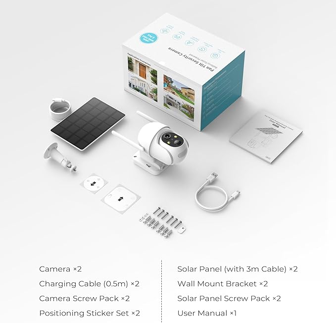 SEHMUA 2K Solar Security Cameras Wireless Outdoor, Low-Light Color Night Vision, 360° Live View, 2-Way Talk, PIR Motion Sensor, 2.4GHz Wi-Fi, White, 2 Pack