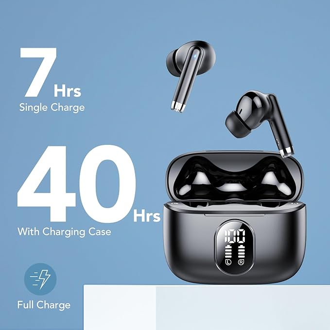 Wireless Earbuds, 2025 New Bluetooth 5.4 Headphones HiFi Stereo with 4 ENC Mic, 40H Mini Ear Buds In-Ear Noise Cancelling Earbuds with LED Screen, Ultra Light Bluetooth Earphones Black for Android iOS