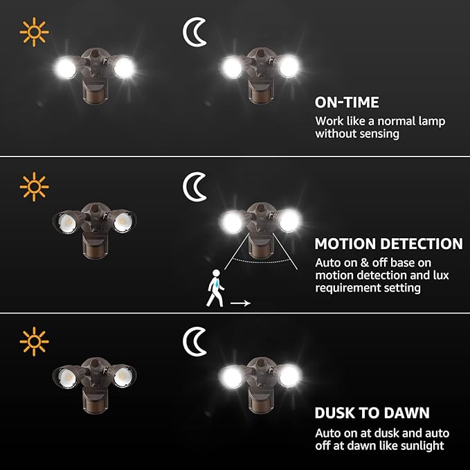LEONLITE 3CCT LED Security Light, Motion Sensor Flood Lights Outdoor, Aluminum, 3 Modes Motion Detector+Dusk to Dawn+Switch Control, 3000K/4000K/5000K Selectable, IP65, Adjustable 2-Head, ETL, Bronze