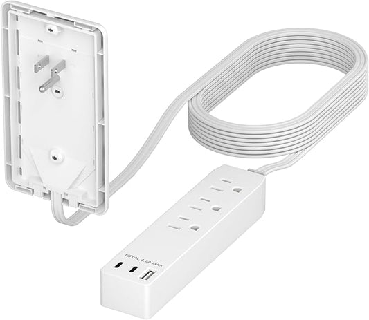 LIDER Outlet Extender with 3 Receptacles, 21W USB Type-A, and 2 USB Type-C, USB Port, Ultra-Thin Wall Plate Plug with Cord Extender, 3-Outlet Power Strip, Flat-Face, ETL-Listed, 3ft Cord, White