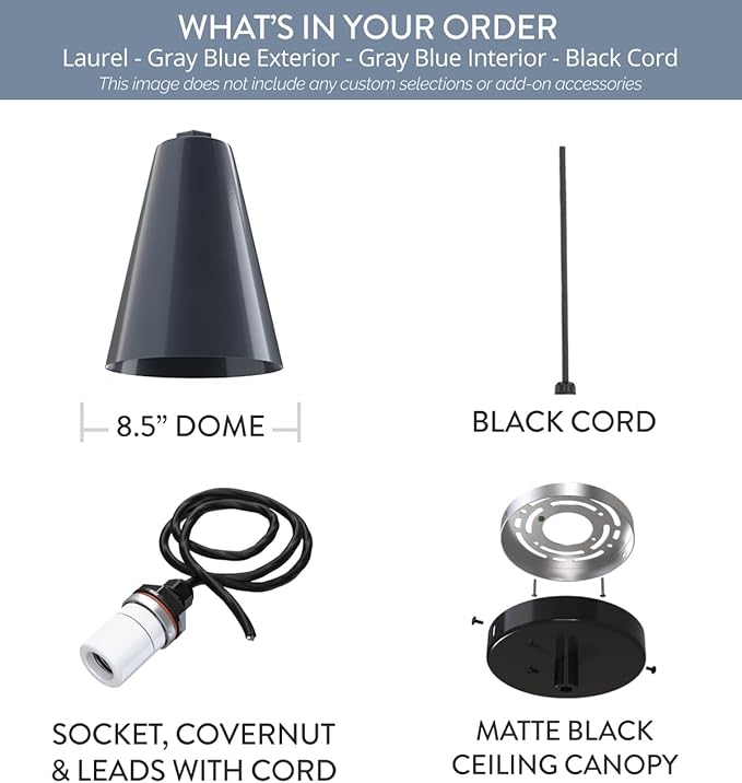 Steel Lighting Co. Laurel Pendant Light | Ceiling Mounted | 8.5 inch Cone Shade | Modern Contemporary Farmhouse Style Made in America | Black Cord | Gray Blue Exterior/Gray Blue Interior