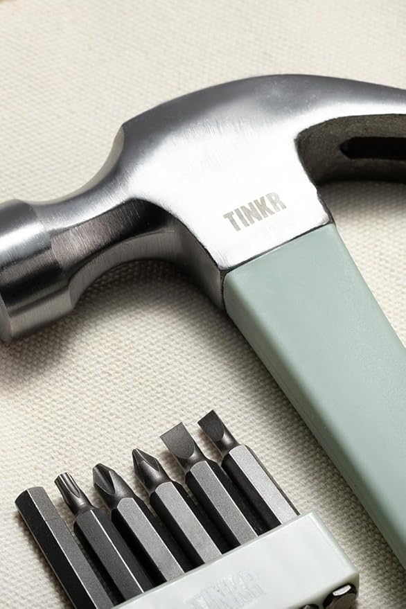 TINKR Home Essentials Tool Kit – Hammer, Ratchet Screwdriver, Tape Measure, Allen Keys & Wrench in Canvas Case. Modern Tool Set for DIY & Home Repairs