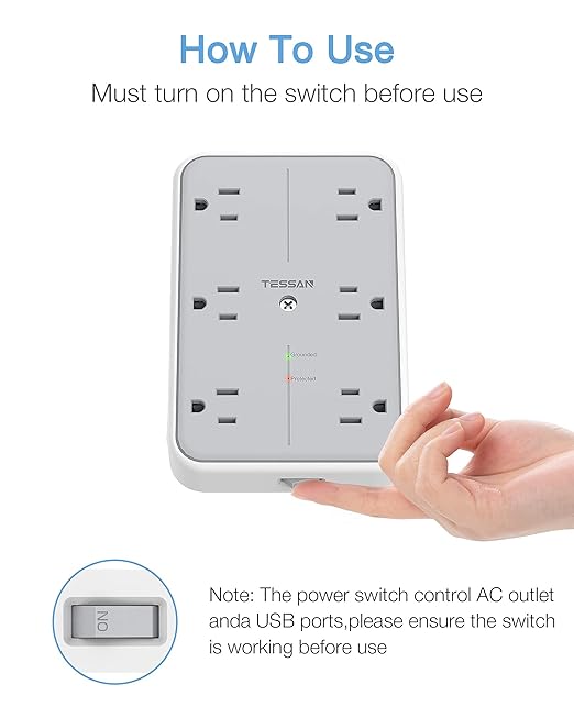 USB Wall Charger, Multi Outlet Extender Surge Protector, TESSAN 6 Electrical Outlets Expander with 3 USB Charging Ports, 1080 Joules Multiple Plug Splitter for Bathroom Dorm Room Office