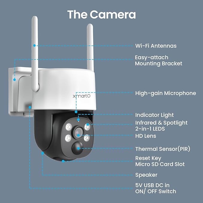 xmartO [Solar/Battery Powered] Wire-Free Home Security Camera Wireless Outdoor/Indoor (Rechargeable Long Battery Life,AI Motion Detection,Spot Light and Siren,Optional Solar Panel)