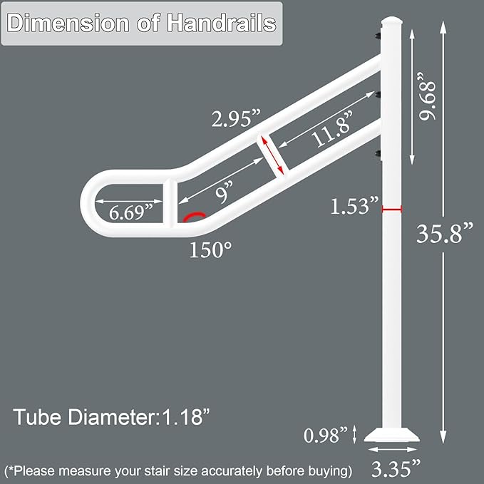 Upgraded Single Post Handrail, White Bent Wrought Iron Handrails for Outdoor 1-3 Steps, Metal Freestanding Stair Railing, Floor Mounted Hand Rails with 2 Anti-Skid Crossbar for Garage, 32"L x 35.8" H