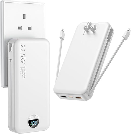 Portable Charger with Wall Plug, 20000mAh USB C Power Bank Fast Charging, External Battery Pack with Built in Cables, Digital Display, 5 Output 2 Input for iPhone Android Cell Phone Tablet
