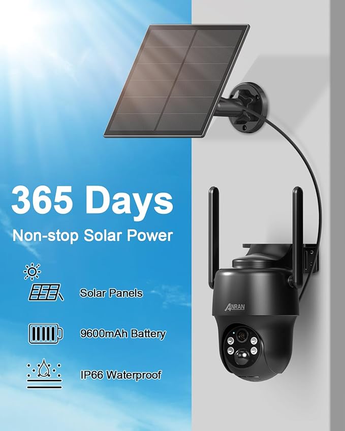 ANRAN 4G LTE Cellular Solar Security Camera Wireless Outdoor,No WiFi 2K Solar Powered Camera,Color Night Vision,360° Live View, PIR Motion Sensor,2 Way Talk,Black (SIM Card & 32GB SD Card Included)