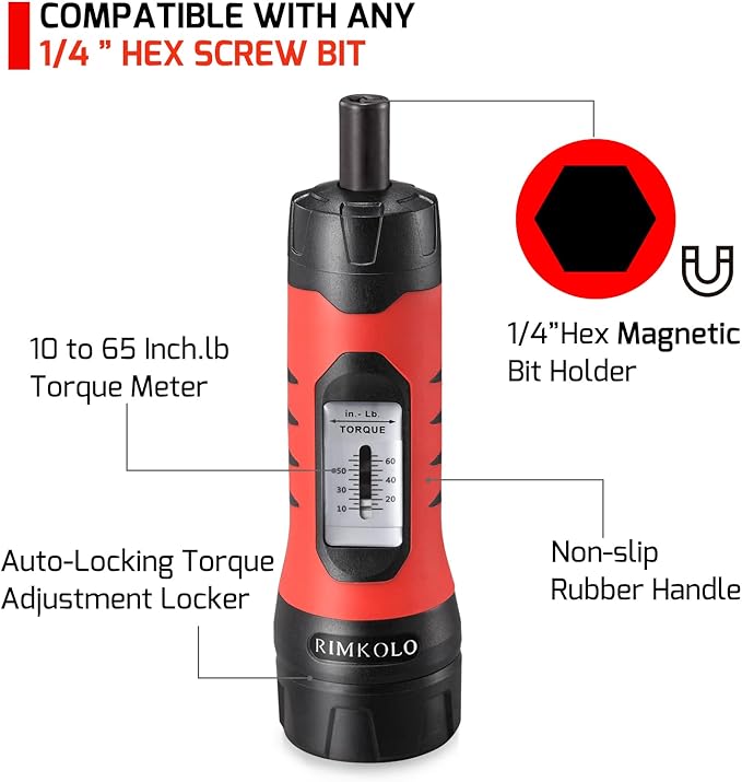 Torque Screwdriver Wrench Set (10-65 In.lb ±1) with 29 S2 Alloy Bits & 5 Drive Sockets | 1/4" Socket Adapter for Tools, Bike Repair, Mounting | Includes Portable Case