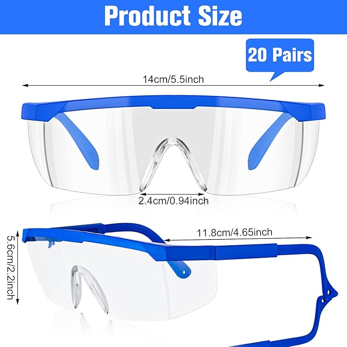 Kigeli 20 Pairs Safety Goggles over Glasses Lab Goggles Anti Fog Scratch Adult Protective Eyewear for Classroom Work