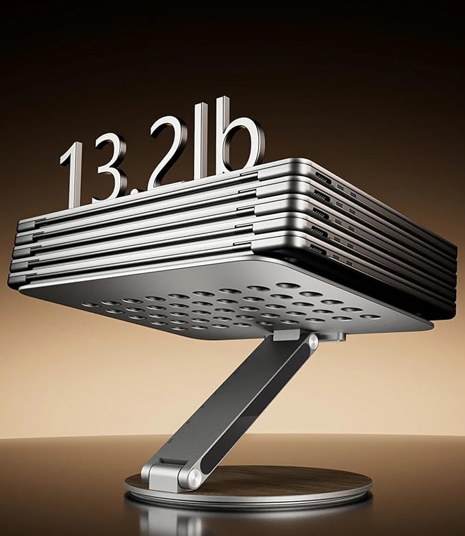 Adjustable Laptop Stand with 7-in-1 Hub, Foldable Portable Aluminum Laptop Riser with 360° Swivel Base for Desk, Ergonomic Computer Notebook Stand Holder for All Laptops 10-17"-Gray (Wooden)