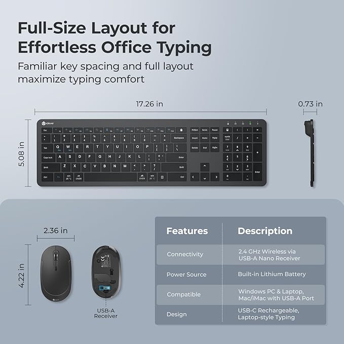 iClever GK08 Wireless Keyboard and Mouse - Ultra Slim Keyboard and Mouse Combo, Full Size Design with Number Pad, 2.4G Stable Connection Slim Keyboard and Mouse for Windows, Mac OS Computer (Black)