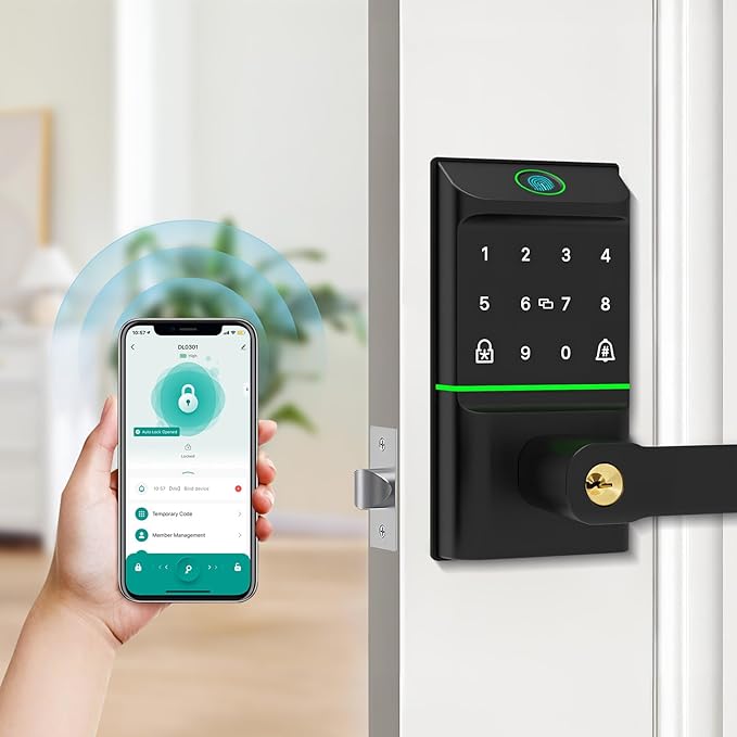 Smart Door Lock Keyless Entry 6 in 1 Electric Biometric Digital Deadbolt APP Fingerprint Touchscreen Keypad IC Card Key Type-C Charging Unlocking for Front Doors Home