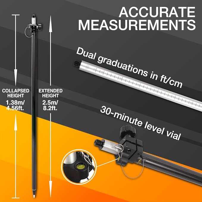 Carbon Fiber GPS Telescopic Pole - Extended to 2.5m/8.2FT, for Land Surveying and Engineering GPS/GNSS Accessories and Instruments (GLS25A)