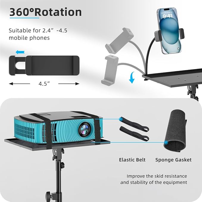 Projector Stand with Wheels, Laptop Tripod from 29" to 69" with Mouse Tray, Adjustable Height DJ Racks Stands with Gooseneck Phone Holder, for Office, Home, Stage, Studio, 1 Pack Black