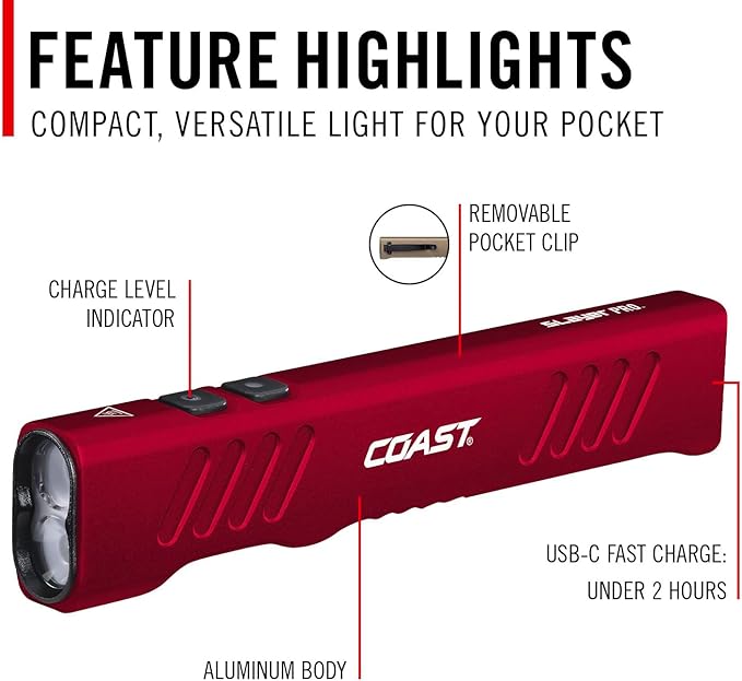 Coast Slayer 1150 Lumen USB-C Rechargeable LED Flashlight with Spot/Flood, Memory Mode and Pocket Clip, RED