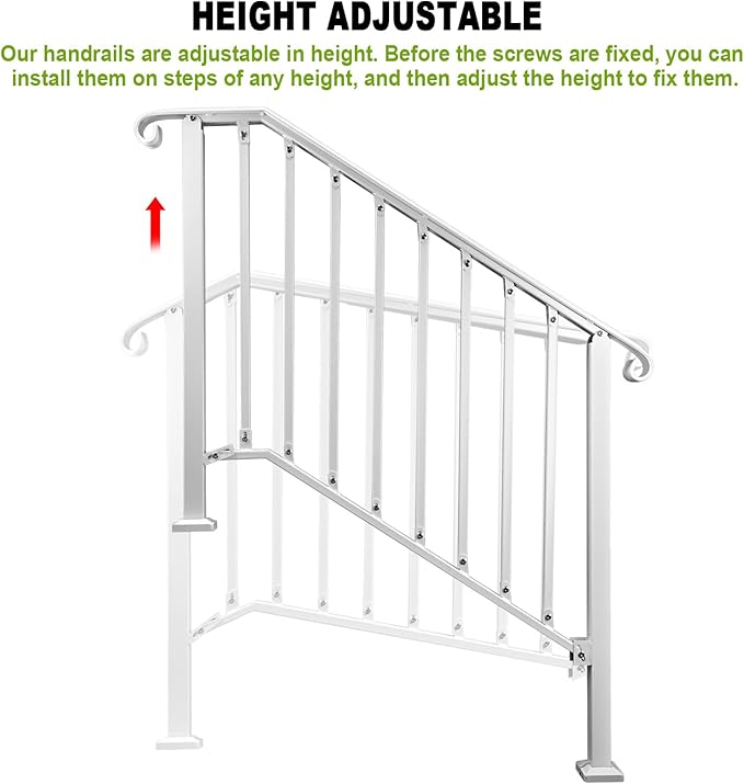 Adjustable Handrails for Outdoor Steps, Handrail Picket #3 Fits 3 or 4 Steps, Mattle Wrought Iron Handrail, Stair Rail with Installation Kit for Outdoor Steps,White
