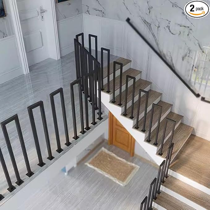 2Pcs U-Shape Handrails for Steps, 7.9x35.4in Matte Black Hand Rails for Indoor Outdoor Stairs, Stair Railing Industrial Wrought Iron Railing for Garden Loft Corridor