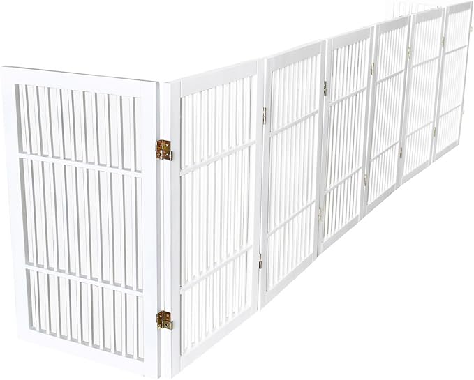 Pet Dog Gate Strong and Durable Freestanding Folding Acacia Hardwood Portable Wooden Fence Indoors or Outdoors by Urnporium (White Pet Gate, 8 Panel 30" Tall)