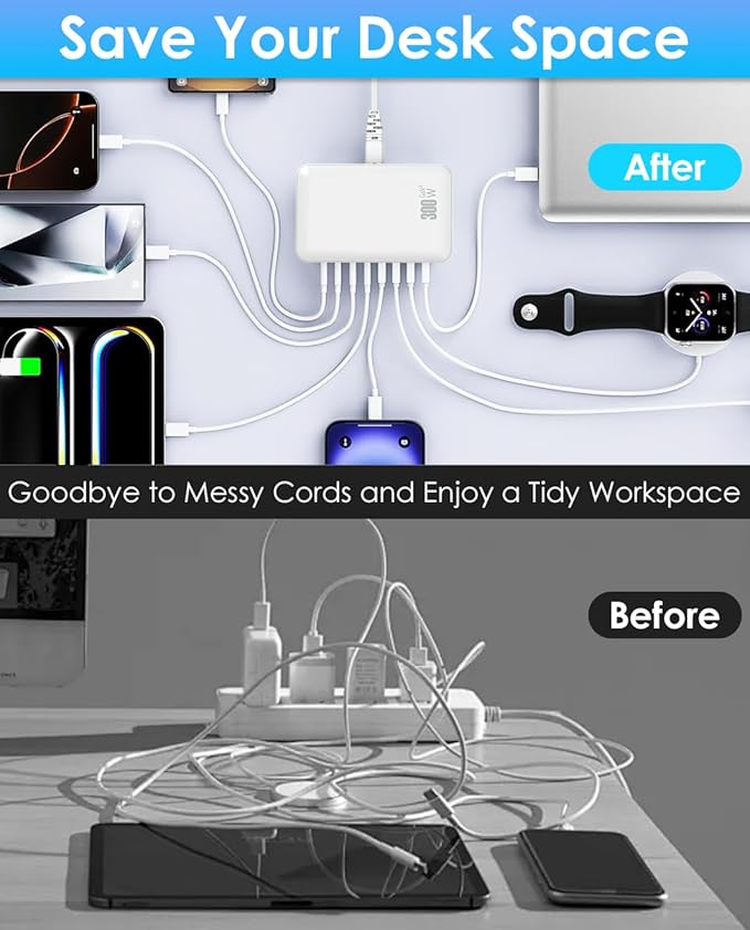 USB C Charger Block Charging Station - 300W Fast GaN 8-Port Multiple USB Charging Hub, Upgraded PD 100W Laptop Charger Compatible with MacBook Pro/Air, iPad, iPhone 16/15/14, Galaxy S23/22, 5ft Cord