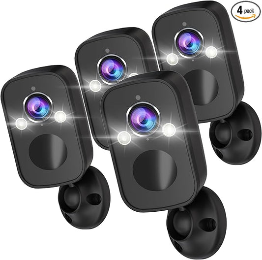 Rraycom 4Pack Security Cameras Wireless Outdoor for Home Security, 2K Battery Powered WiFi AI Motion Detection Spotlight Siren Alarm Security Camera, Color Night Vision, 2-Way Talk, Cloud/SD, w/Alexa