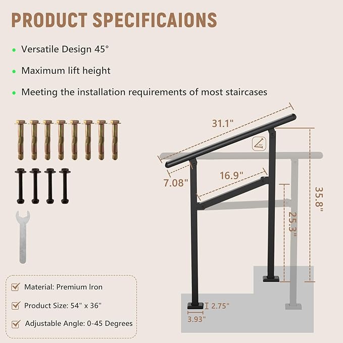 Hand Rails for Outdoor Steps,1-2 Step Railing for Stairs,Adjustable Porch Railing,Hand Rails for Seniors,Outdoor Deck Handrails for Exterior Steps,Black