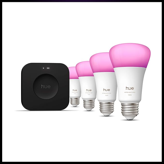 Philips Hue Starter Kit: Bridge Pro + 4 A19 E26 Smart Bulbs, White & Color Ambiance, Dimmable, Smart Light Hub, Works with Apple Home, Alexa, Google, Samsung SmartThings