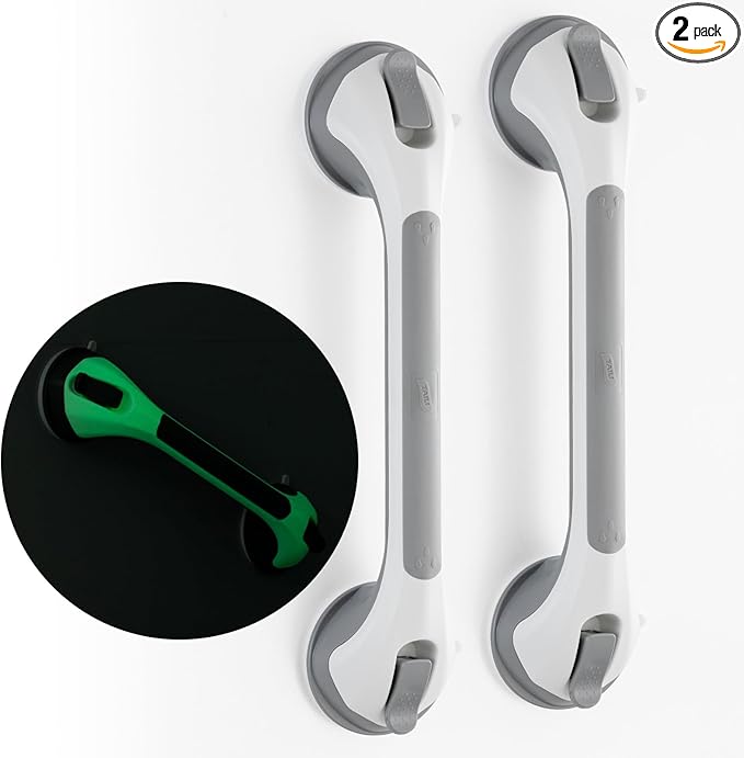 TAILI Shower Grab Bar Glow in The Dark, 2 Pack 16.8 in Grab Bars for Bathtubs and Showers,Shower Handles Shower Rails for Seniors and Elderly,Bathroom Safety Grip Removable No Drilling Waterproof Grey
