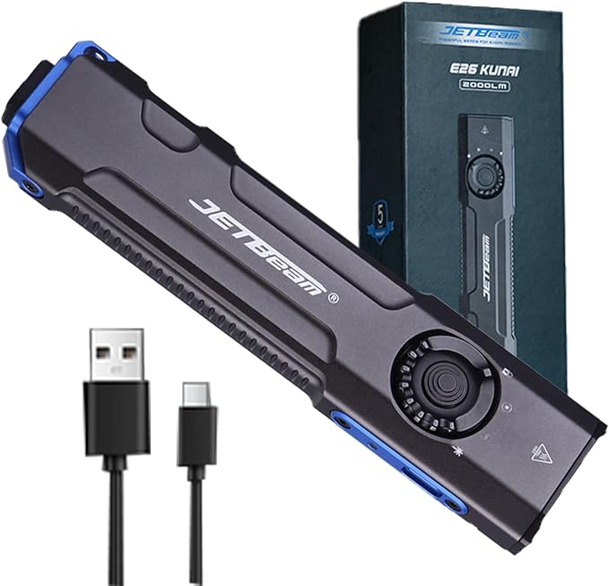 JETBeam E26 EDC Tactical Flashlight 2000 Lumens USB-C Rechargeable with Green Beam,365nm UV and White LED Combo Portable Pocket Lights,Triple Sources for Emergency,Working,stain Detecton(with Battery)