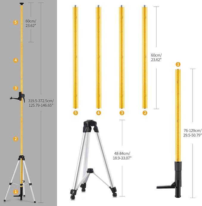 Firecore 12 Ft./3.7M Professional Laser Level Pole with Tripod and 1/4-Inch by 20-Inch Laser Mount for Rotary and Line Lasers, Adjustable Telescoping Laser Pole with 5/8"-11 Threaded Adapter-FLP370C