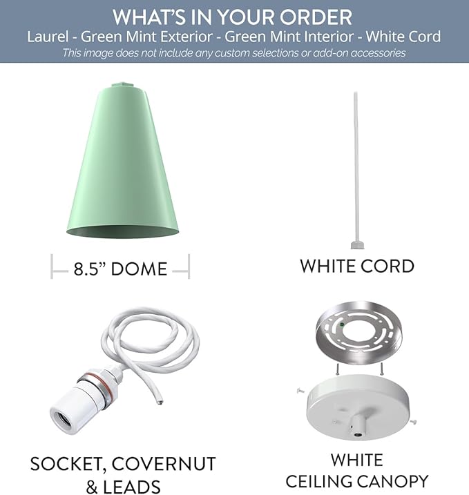 Steel Lighting Co. Laurel Pendant Light | Ceiling Mounted | 8.5 inch Cone Shade | Modern Contemporary Farmhouse Style Made in America | White Cord | Mint Green Exterior/Green Mint Interior