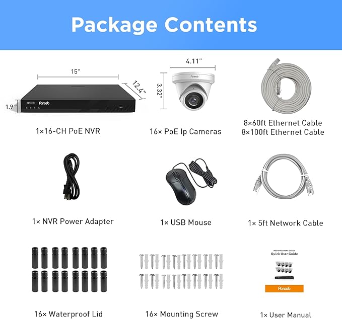 16 Channel Security Camera System 4K PoE, 16x 8MP Wired IP Turret Dome Camera with AI Human Vehicle Detection, Built-in Mic, Remote Access 24-7 Recording, 4K 16CH NVR 4TB HDD, PD93A1616-8M