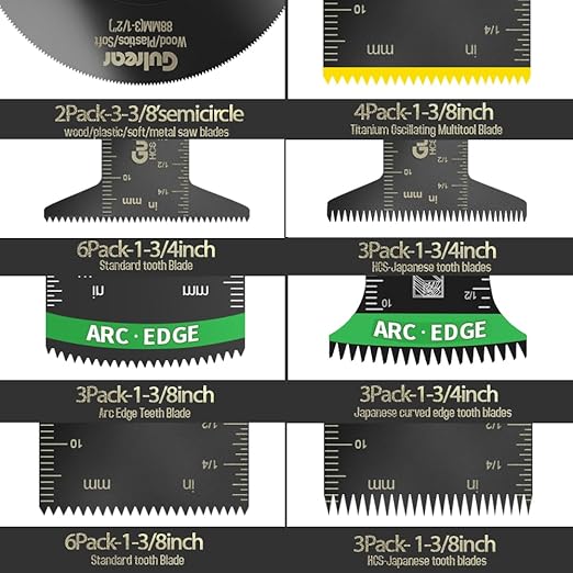 33PCS Oscillating Multi Tool Blade Kit, Professional Titanium Plated and Curved Edge Saw Blades with Quick Change Adapter, Professional Precision Cutting Blades for Wood/Metal, Plastic, DIY Projects